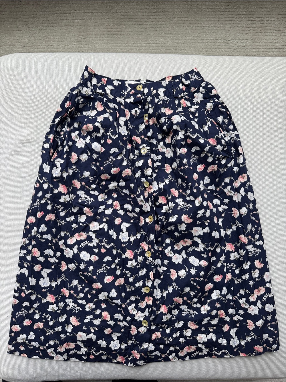 Floral Button-Front Navy Midi Skirt - Pink & White Floral with pockets